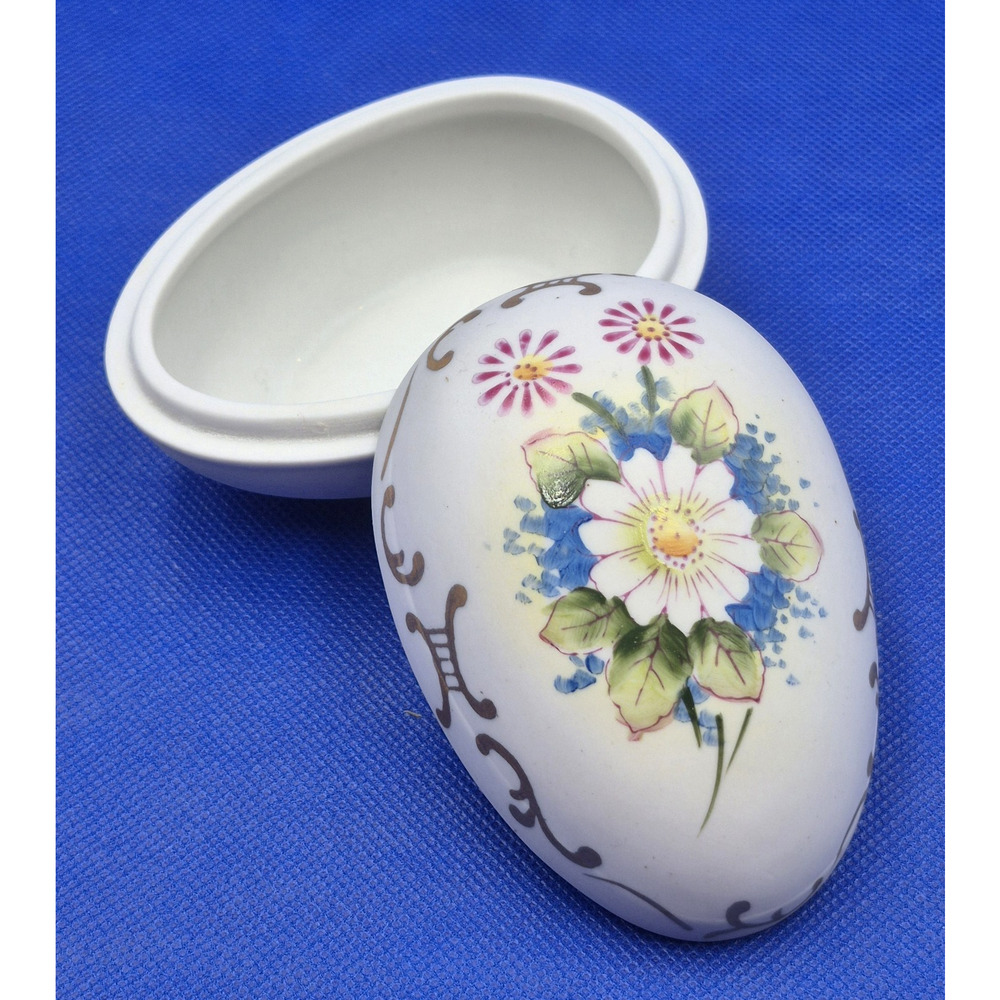 Vintage Lefton Japan Handpainted Floral Ceramic Egg Trinket Dish 4x3"